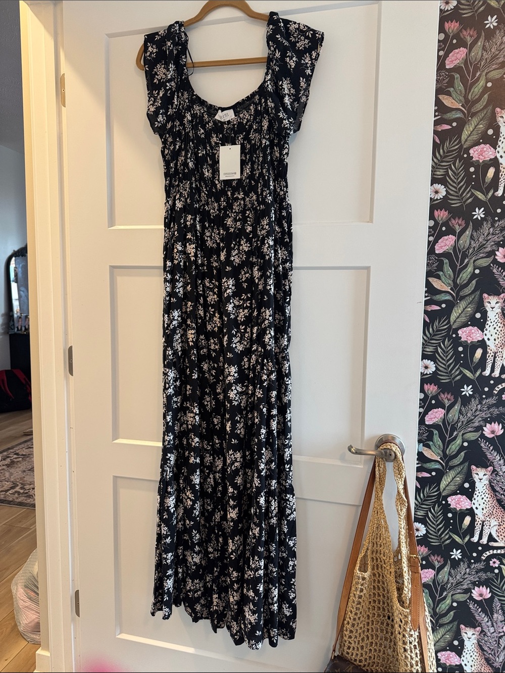 Black Floral Smocked Maxi Jumpsuit